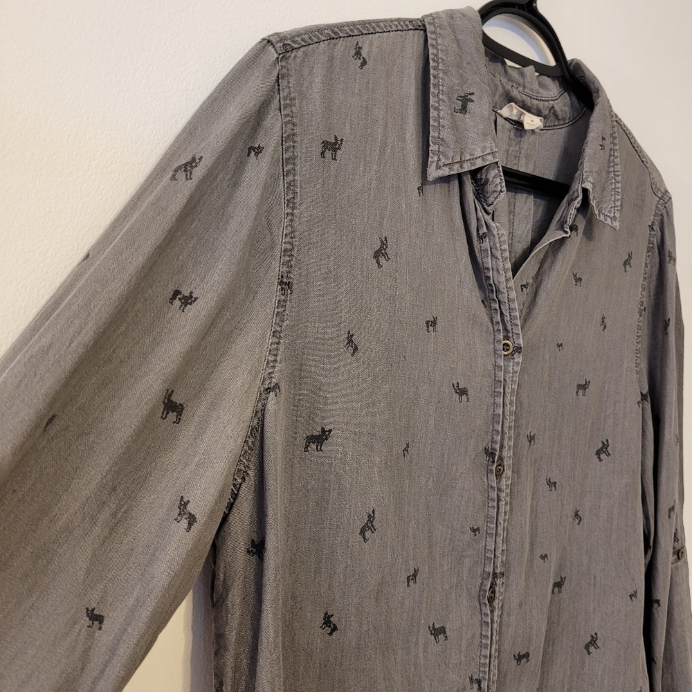 Jane And Delancey Gray Casual Shirt Grey W French Bulldogs Button Sleeves Size M